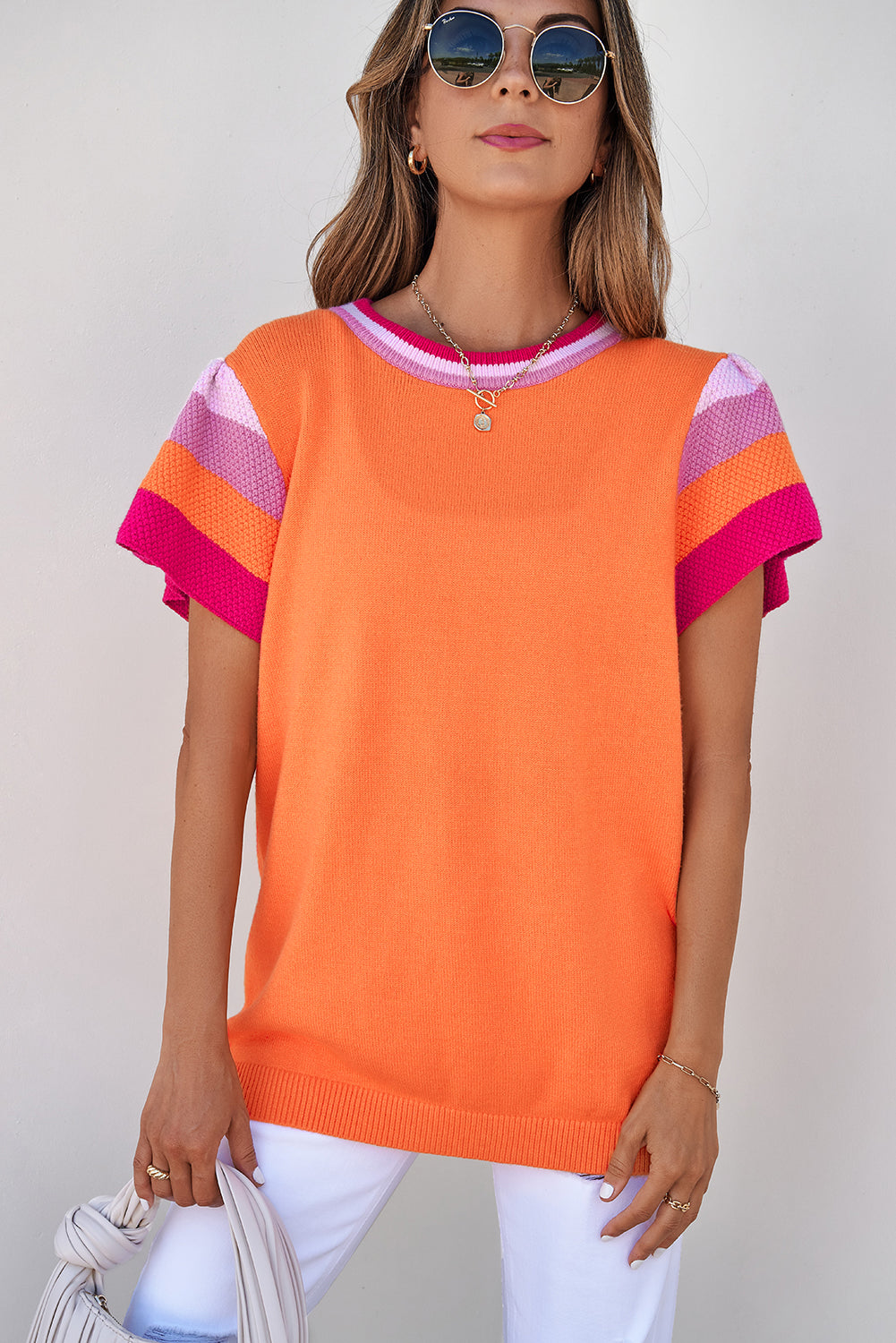 Carrot Contrast Flutter Sleeves Knitted Sweater T Shirt