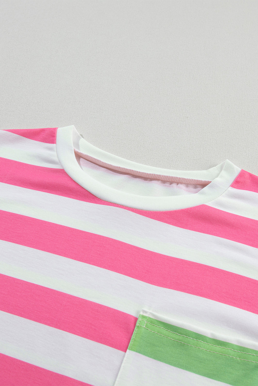 Pink Stripe Contrast Patch Pocket Drop Sleeve T Shirt