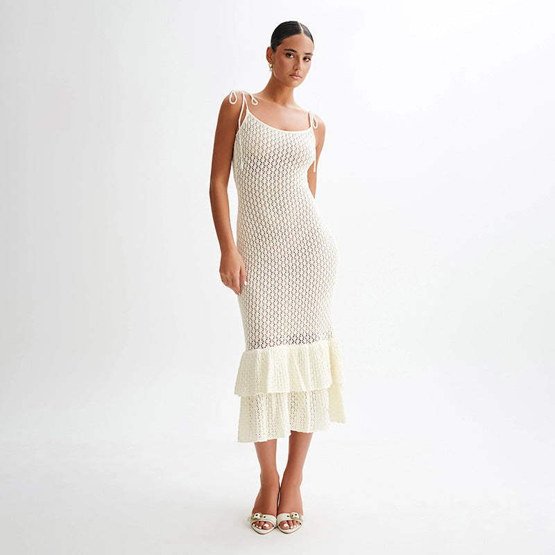 Sleeveless Low-cut Knitted Tied High Waist Slim Fishtail Dress