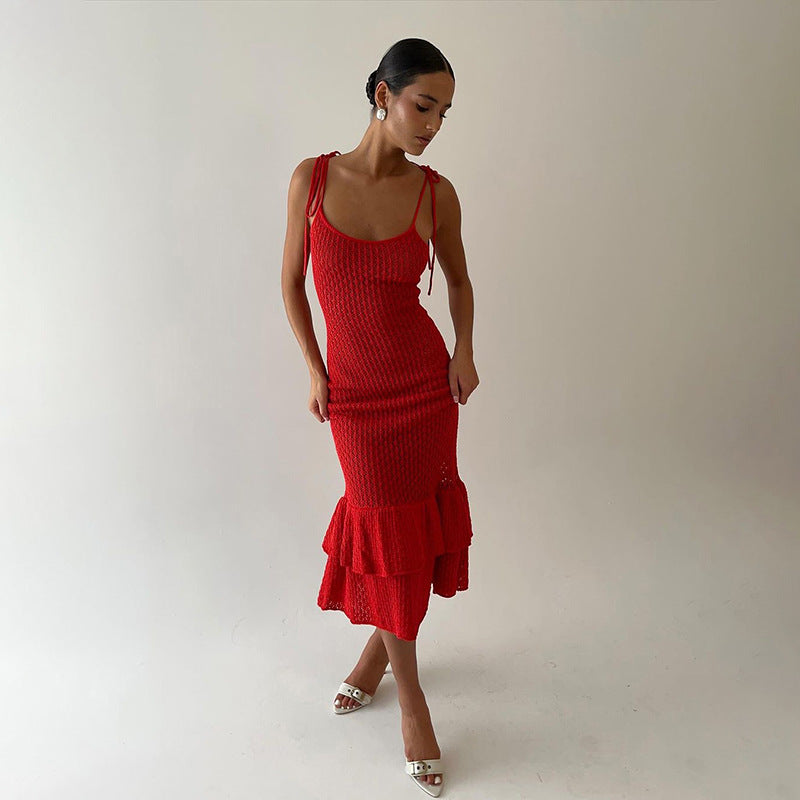 Sleeveless Low-cut Knitted Tied High Waist Slim Fishtail Dress