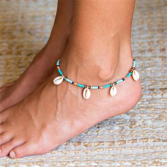 Bohemian Pine Stone Rice Bead Shell Foot Chain